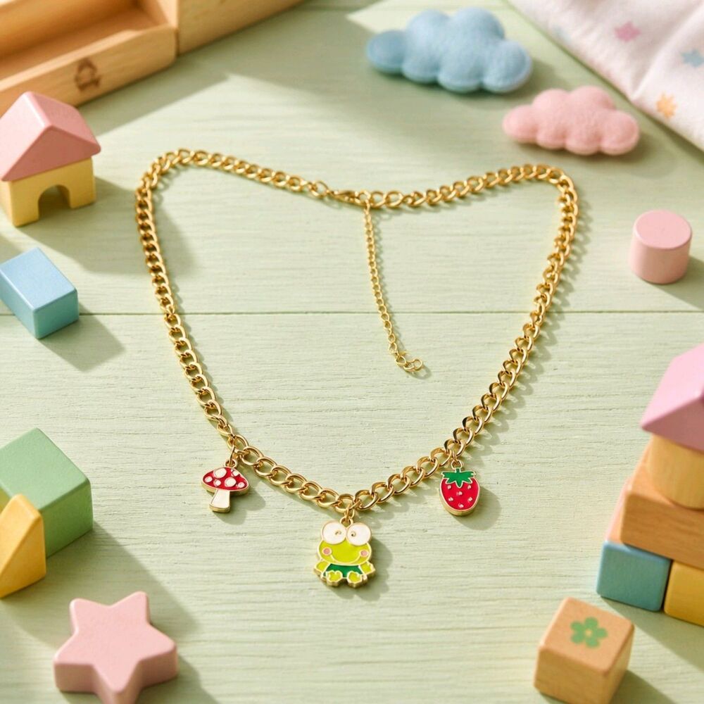 Sanrio 2022 Keroppi Frog Mushroom & Strawberry Charms Chain Necklace